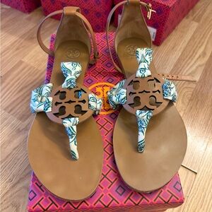 Tory Burch Tan Leather Miller Thong Sandals with Floral-Print Straps